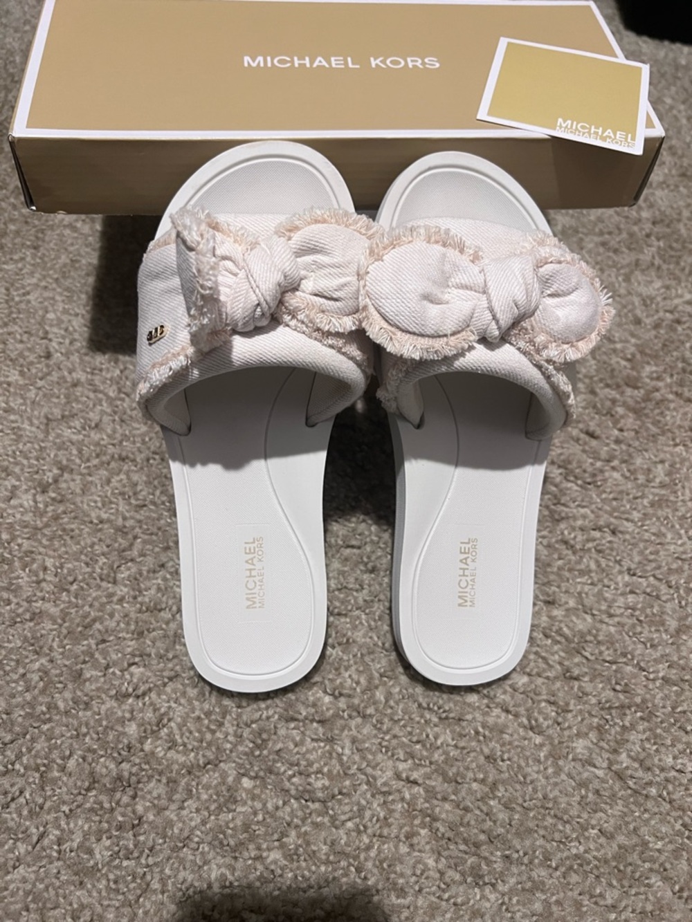 Michael Kors White Knotted Fringe Slide Sandals